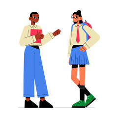 Male And Female Students Discussing Schoolwork In Flat Vector Illustration Symbolizing Education, Learning, And School Life, Isolated On White Background.