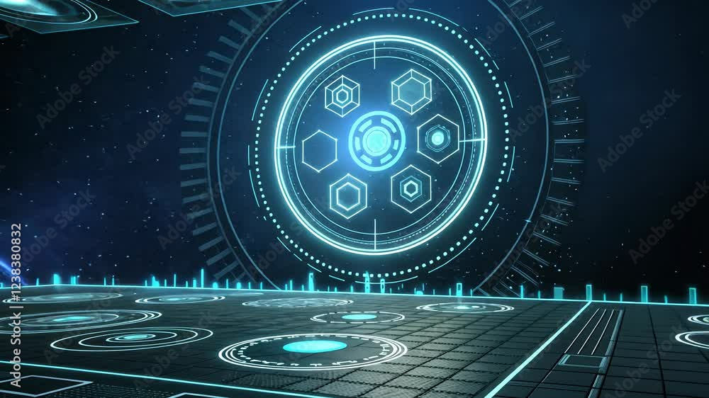 Poster technology background concept, futuristic digital interface in a cosmic setting