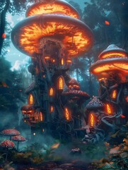 Obraz premium Fantasy Whimsical Night Mushroom Forest village orange mythical