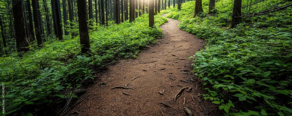Poster rustic woods nature idea. a serene forest path surrounded by lush greenery and soft sunlight filteri