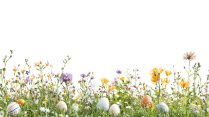 Easter eggs hiding in a field of colorful wildflowers with transparent background