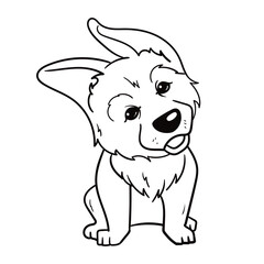Fototapeta premium A simple coloring page for children with a German Shepherd puppy. Vector linear black and white drawing of a dog for children's book, sticker, sticker