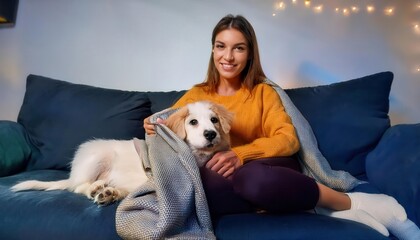 Obraz premium A girl lounges on a plush couch with a soft blanket, enjoying time with her playful puppy.