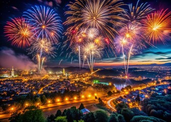Fototapeta premium Aerial View of Night Cityscape with Vibrant Fireworks Display