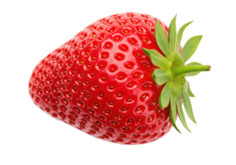 A plump red strawberry with green leaves, isolated on white background