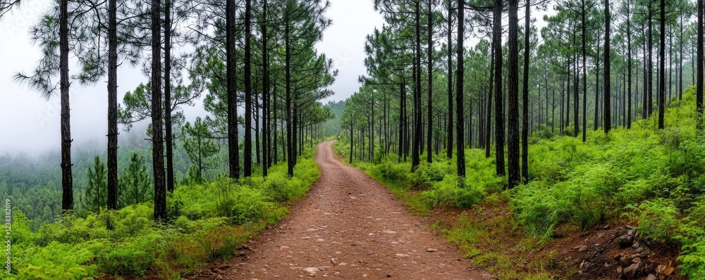 Poster rustic woods nature idea. a serene forest path surrounded by lush greenery and tall pine trees in a 