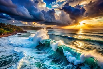 Fototapeta premium Aerial View of Pacific Ocean Storm Waves Crashing on the Shore