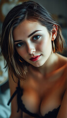 Naklejka premium Close-up of a woman wearing black lingerie and gold hoop earrings, gazing softly with a warm expression.
