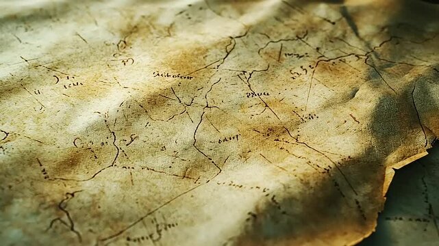 Close-up of an Aged, Wrinkled Treasure Map with Handwritten Place Names