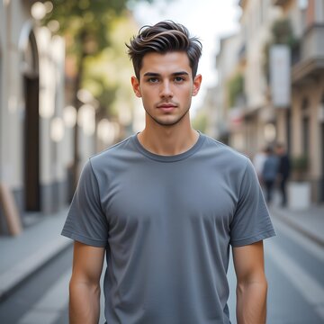 Maqueta de camisa modelo joven, ni&ntilde;o con camiseta gris en la calle a plena luz del d&iacute;a, plantilla de maqueta de camisa para adultos hipster para impresi&oacute;n de dise&ntilde;o, hombre con lote de maquetas de cam