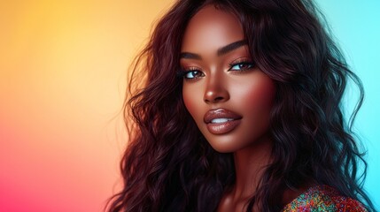 Fototapeta premium A stunning portrait features a confident young woman with luscious waves of dark hair and striking makeup, illuminated by a soft gradient of sunset colors in the background