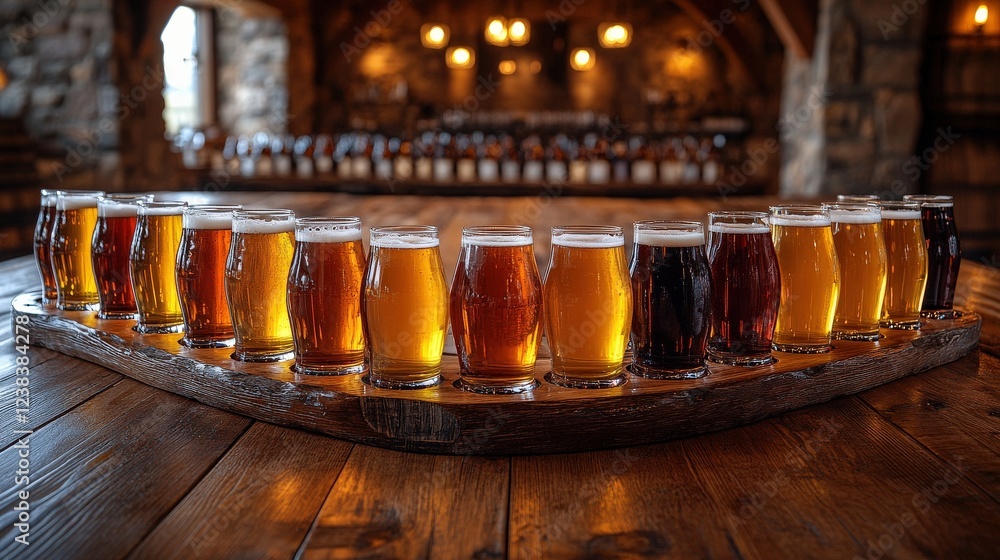 Poster a vibrant display of assorted craft beers arranged on a rustic wooden table in a cozy brewery settin
