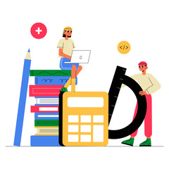 Mathematics And Science Study Tools With Students In Flat Vector Illustration Symbolizing STEM Education, Learning, And Problem Solving, Isolated On White Background.