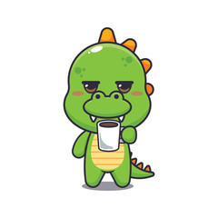 dinosaur mascot cartoon character vector illustration is tired and sleepy holding coffee.
