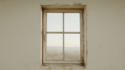 Mountain view through rustic window, desert landscape background; travel, home decor