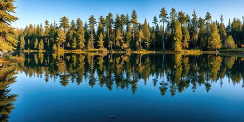 Fototapeta premium Towering pine trees reflected in the mirror-like surface of a still lake, serene atmosphere, lake reflections, pine forest