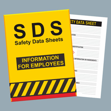 Safety Data Sheet binder file folder document illustration with sheets of SDS paper.