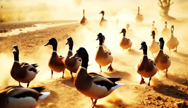 a group of ducks walking on dusty ground