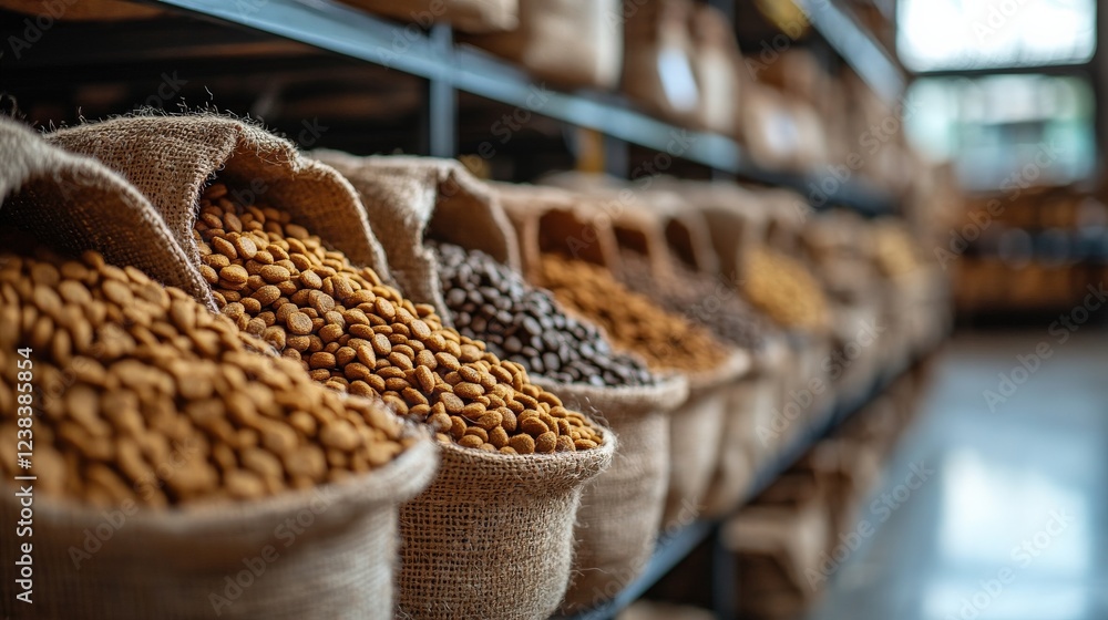 Poster a vibrant display of assorted nuts in burlap sacks arranged on shelves in a rustic market setting