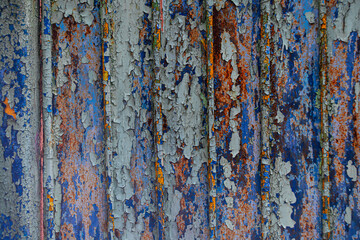 Peeling of old paint from a painted metal fence as an abstract background.