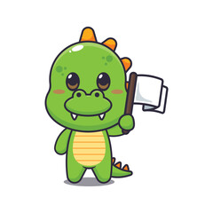 dinosaur mascot cartoon character vector illustration with white flag.
