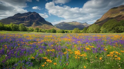 Fototapeta premium Vibrant Wildflower Meadow Under Blue Sky with Majestic Mountains in the Background
