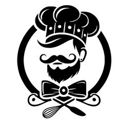 Naklejka premium Stylish Chef with Bow Tie and Whisk: Culinary Arts Icon, Restaurant, Bakery, Food, Cooking, Gastronomy