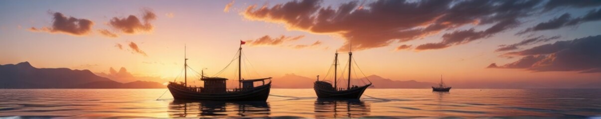 Naklejka premium Traditional wooden fishing vessel on calm sea, fishing boat, wooden sailing boat