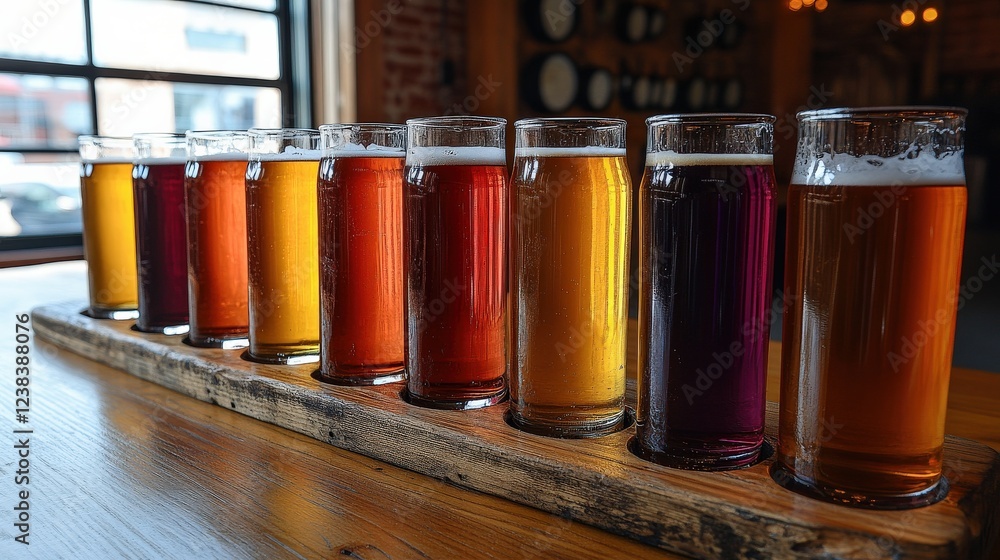 Poster a vibrant display of craft beers in a rustic brewery setting with wooden tables and ambient lighting
