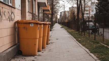 Naklejka premium Orange bins line city sidewalk, residential buildings background, waste disposal