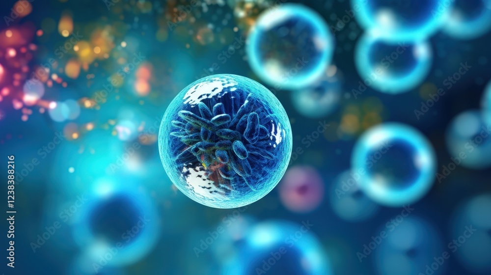 Poster abstract concept of micro cell with blue and green colors representing biological structures and dyn