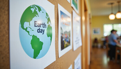 Earth Day poster on bulletin board in community center, environmental awareness