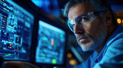 Industrial worker monitoring data on screens with focus and precision