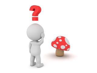 3D Character looking curious at mushroom
