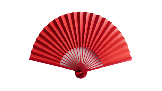 Red hand fan isolated on transparent background: showing traditional chinese or japanese culture