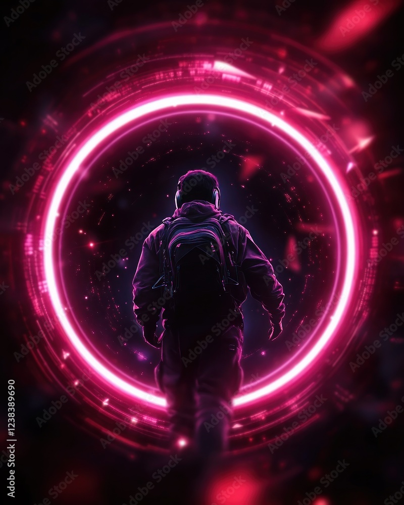 Poster Astronaut Entering a Futuristic Portal Surrounded by Vibrant Light and Cosmic Elements