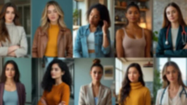 A collage of diverse people arranged in grids posing for the camera at home women different jobs ages and ethnicities look up and smile at the camera, showcasing a diverse and unity, zoom in view