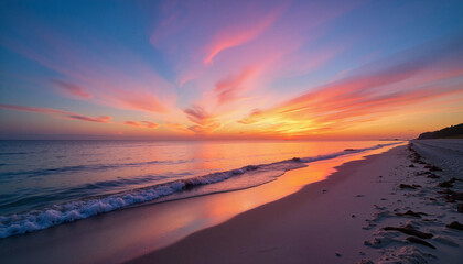 Vibrant sunrise reflecting on calm beach waves, tranquil morning