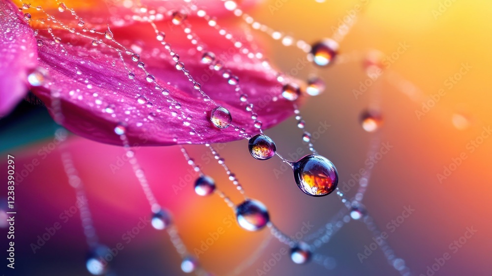 Poster close-up of dew drops on petal with spider web and soft focus background in vibrant colors