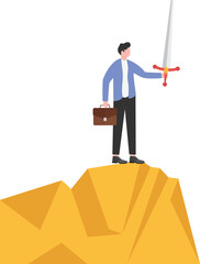 Business concept vector illustration of an optimistic businessman holding a sword and shield standing on top of a mountain,

