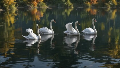 Obraz premium Trio of swans gliding effortlessly across the lake's surface, serene scenery, wildlife