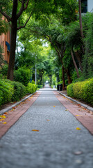Obraz premium Exploring a serene urban alleyway surrounded by lush greenery and quiet pathways