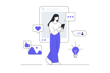 Social network. Popular blogger creates interesting content. Character Woman gets emoji reactions, subscription, comments. Flat Cartoon Vector Illustration, icon. Stylish abstract 