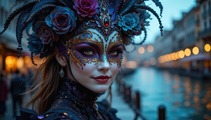 Venetian carnival mask, Portrait of beautiful woman with masquerade carnival mask on her face.