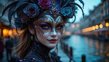  Venetian carnival mask, Portrait of beautiful woman with masquerade carnival mask on her face. © Dwi
