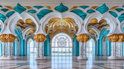 Obraz premium Grand Mosque Interior Symmetry, Arches, and Turquoise Decor in a Modern Islamic Sacred Space.