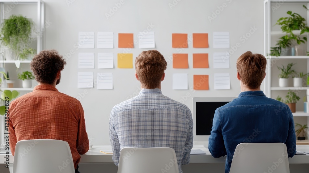 Aufkleber three diverse men engaged in creative brainstorming session in modern office with post-it notes on w
