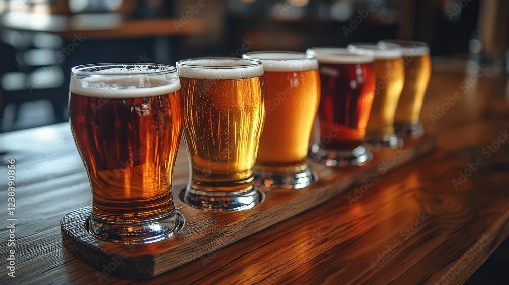 Poster a vibrant display of craft beers in various shades served in a rustic bar setting