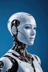 the robot is facing forward and raised his hand up, smiling , household assistants, artificial intelligence, helping a person, light background, free space on the side for text