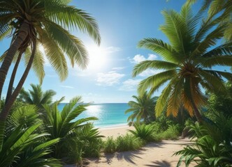 Fototapeta premium tropical paradise landscape with palm leaves and clear blue sky, pink sky, beach scene, palm tree